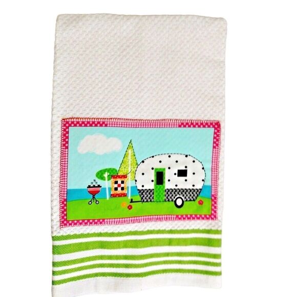 Retro Camper Kitchen Towel Applique Trailer White Green Stripes Cotton Gift NEW - Picture 1 of 3